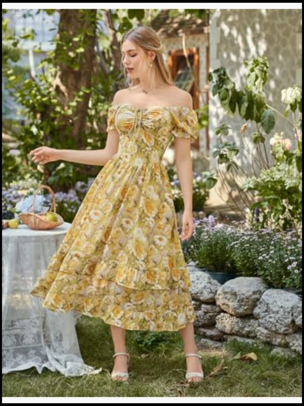 Floral Cottagecore Puff Sleeve Maxi Dress with Corset Waist and Pockets - Picture 4 of 7